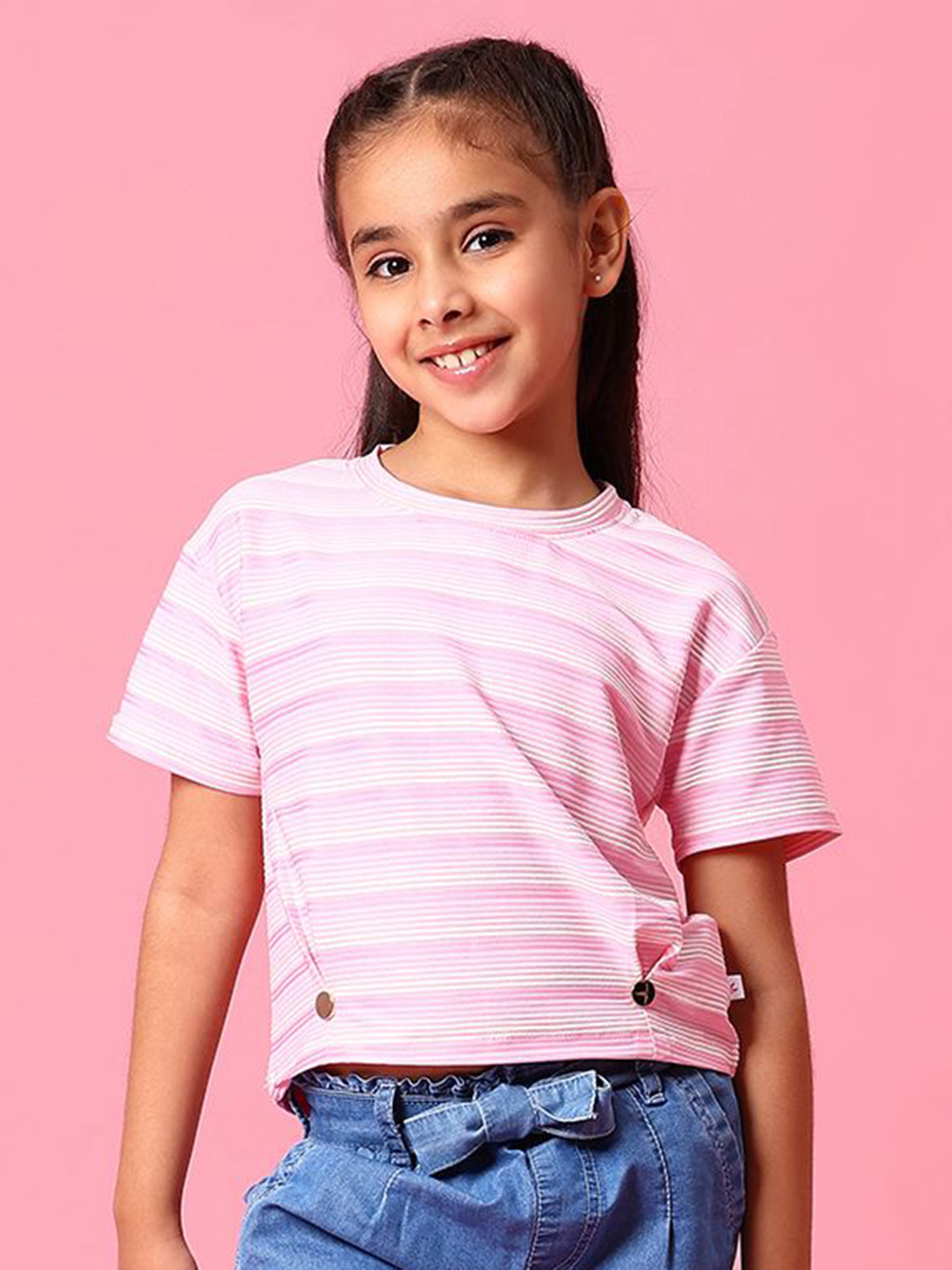 V-Mart Girls Striped Printed Round Neck Multi or Variegate Stripes Cotton T-shirt