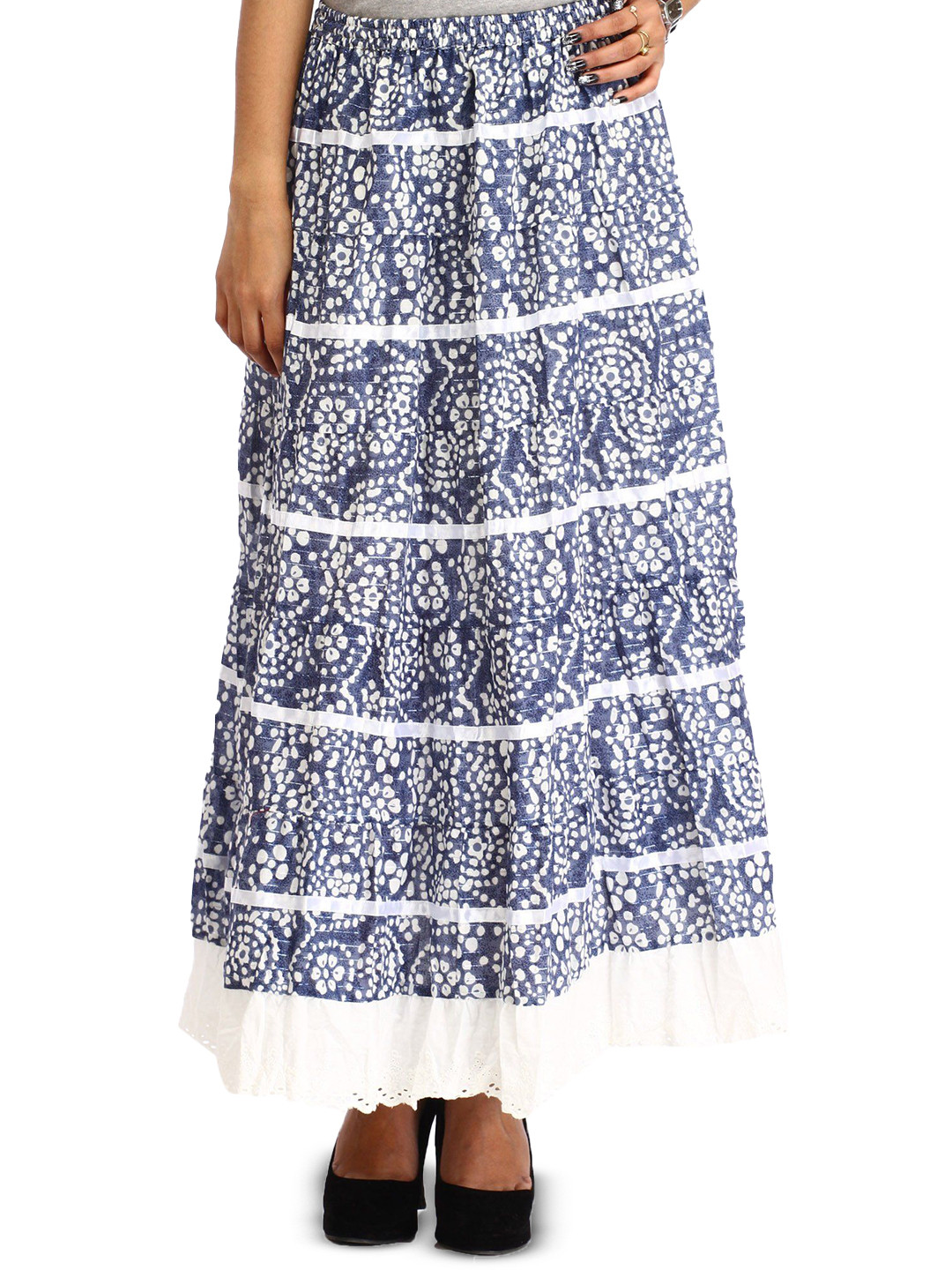 Exotic India Moonlight-Blue Long Elastic Skirt With Floral Print & Cut-Work On Border