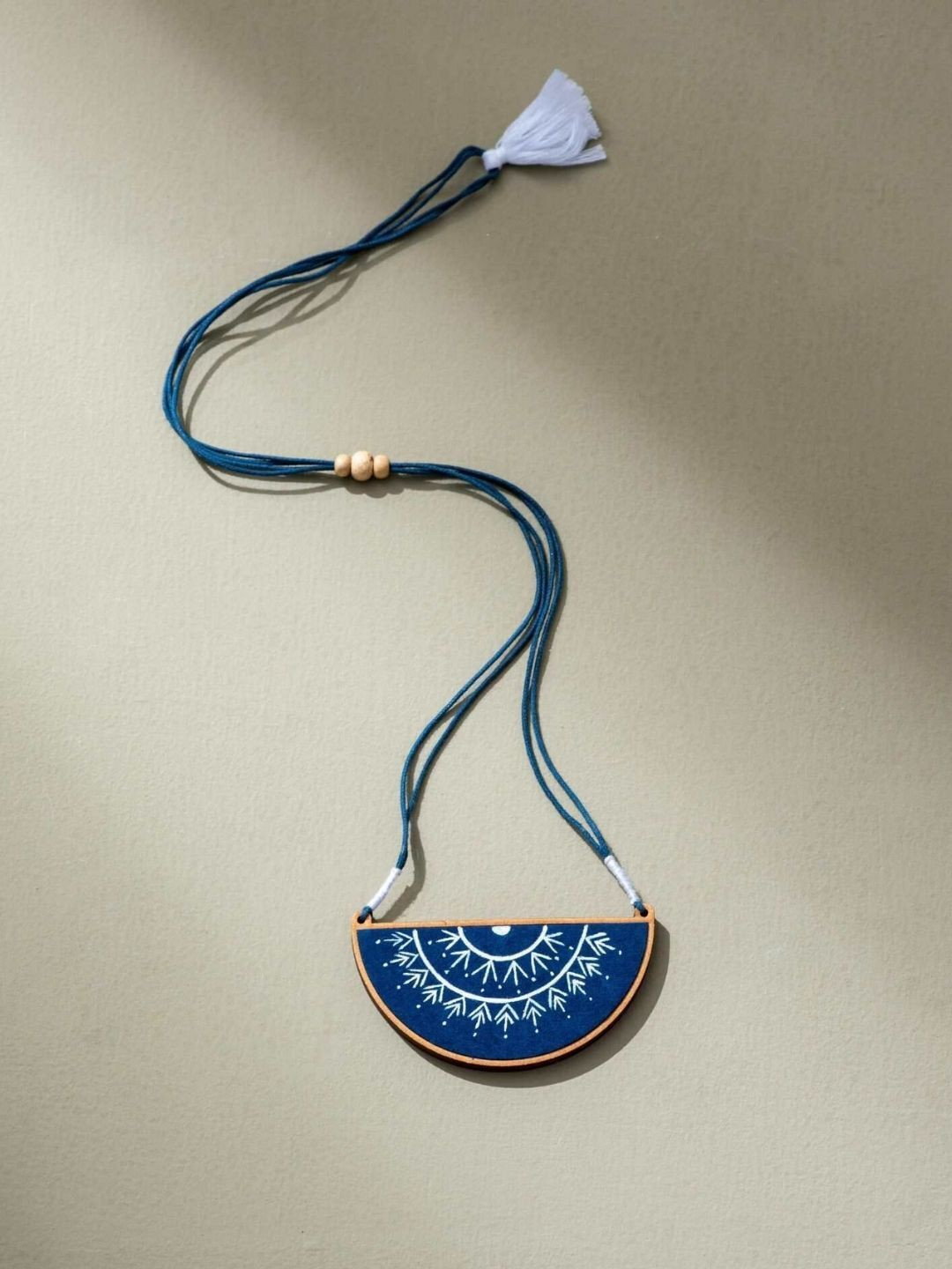 WHE Brass Painted Upcycled Fabric And Repurposed Wood Semi Circle Necklace