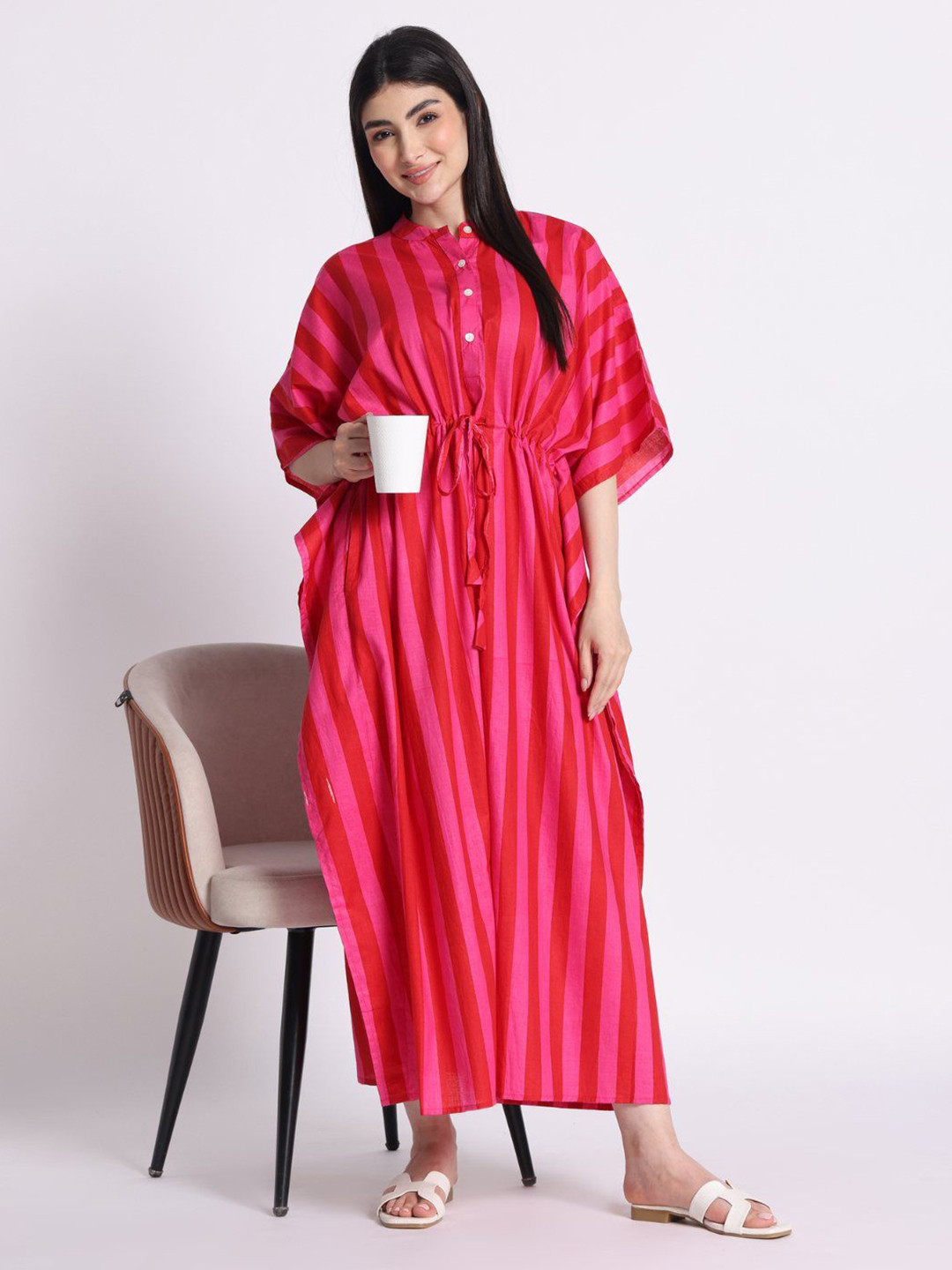 Safeera Women Stripe Printed Cotton Shirt Kaftan Maxi Dress