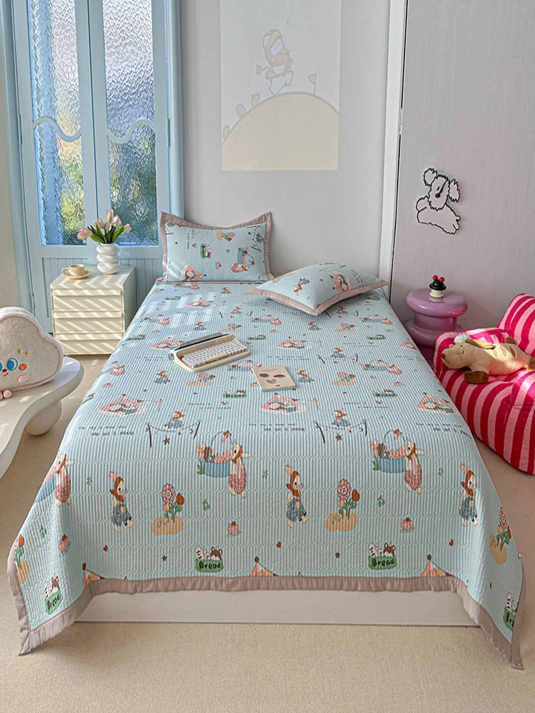 JC HOME Blue Cartoon Character Printed 162 TC Double XL Bed Cover & 2 Pillow Covers