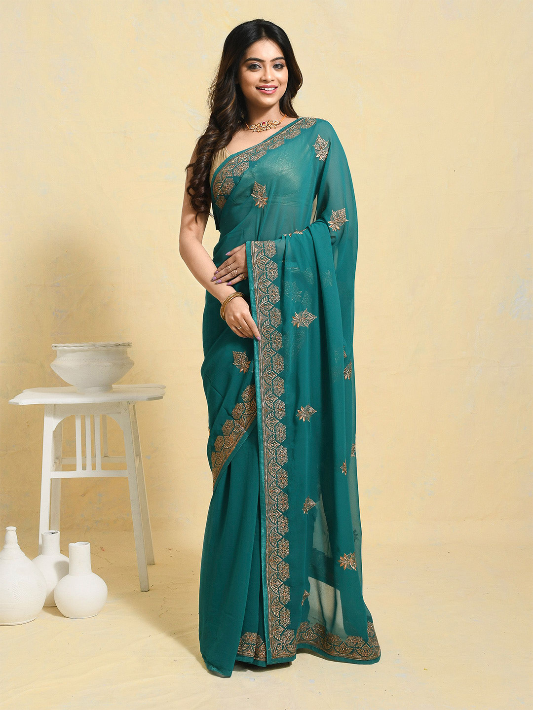 Rupeshwari Ethnic Motifs Embroidered Pure Georgette Saree