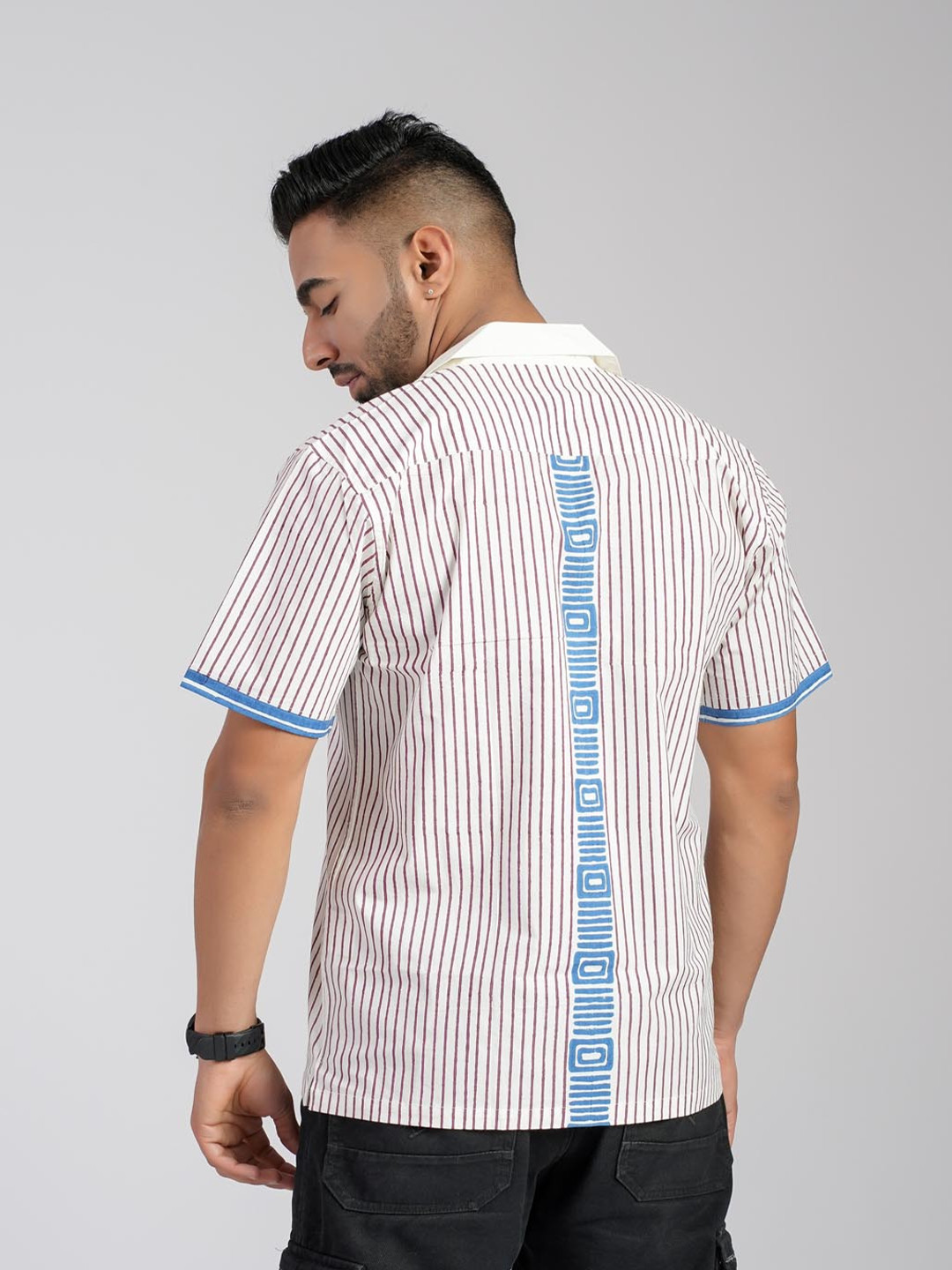 Cotton Curio Men Comfort Fit Cuban Collar Vertical Striped Cotton Casual Shirt