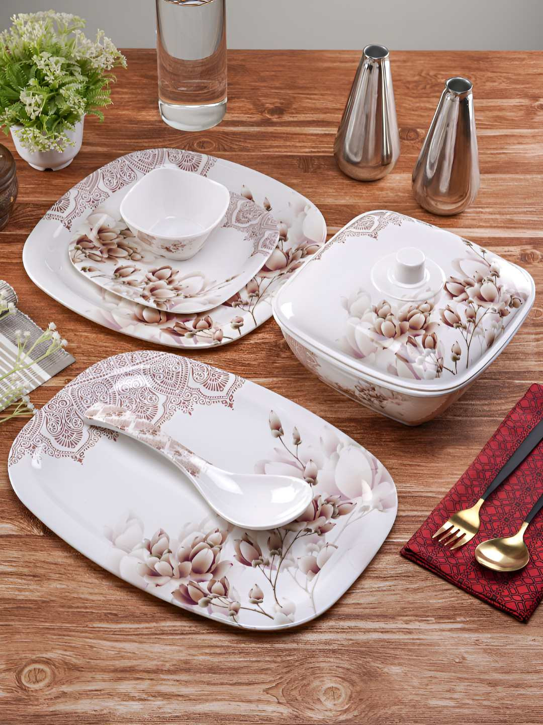 CDI White Square Shaped Floral Designed Melamine Microwave Safe 41 Piece Dinner Set