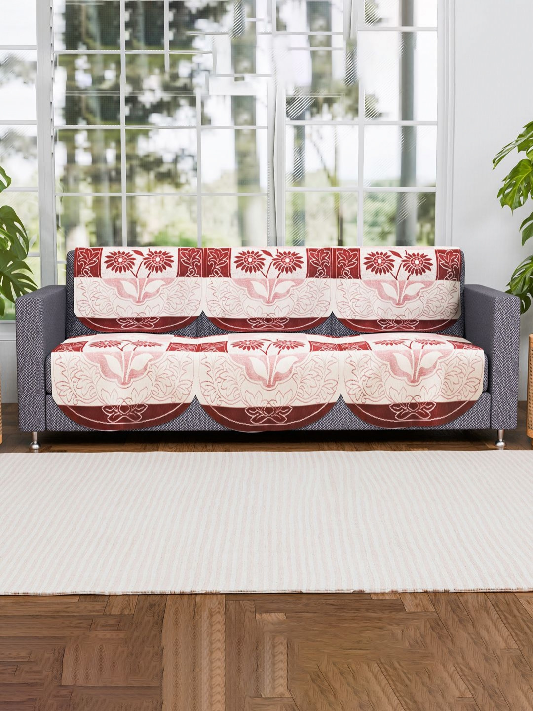 Aura Red & Cream-Coloured 6 Pieces Printed Cotton 3 Seater Sofa Covers
