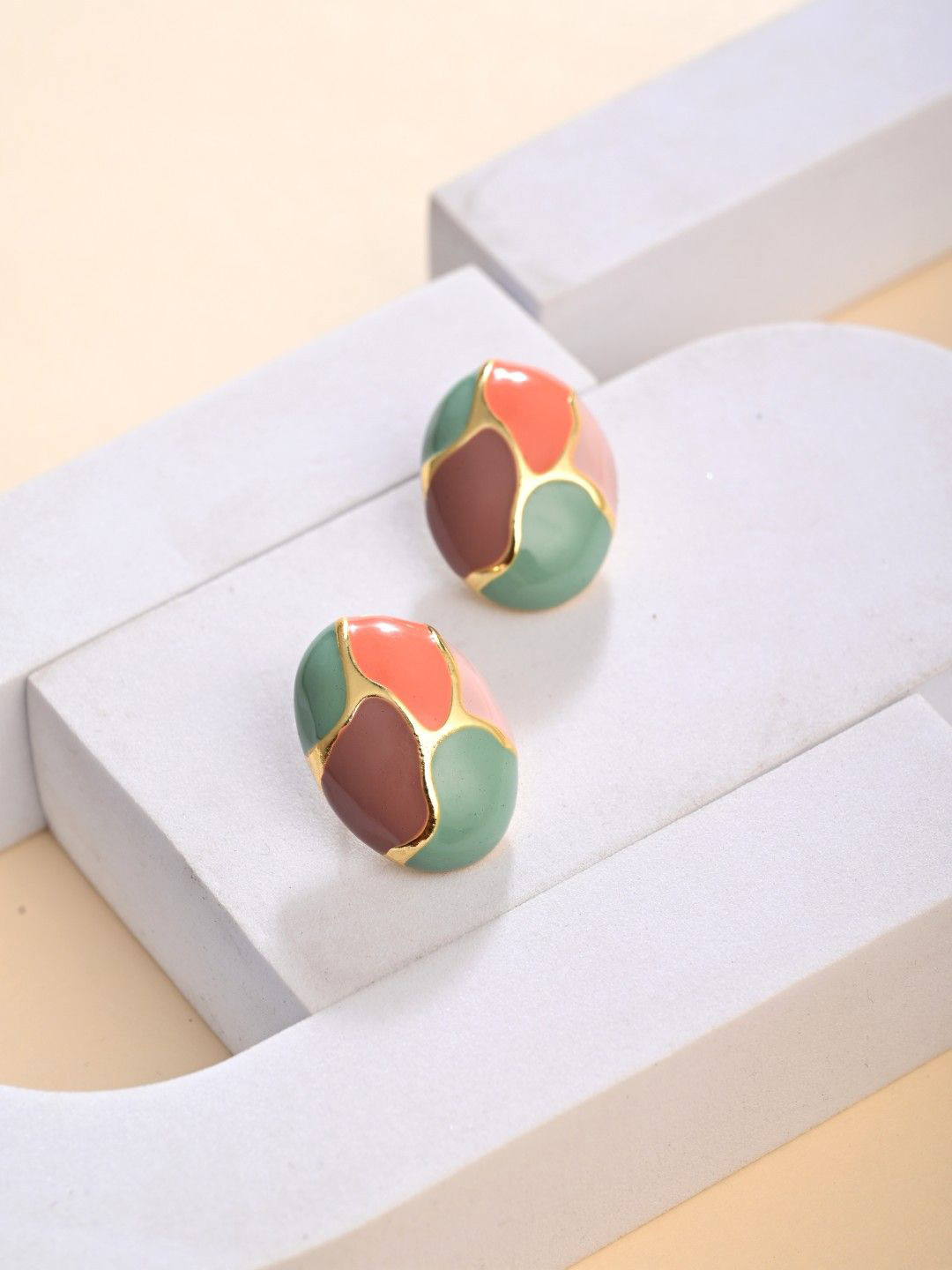 Anvik Gold Plated Marble Enamelled Oval Drop Earrings