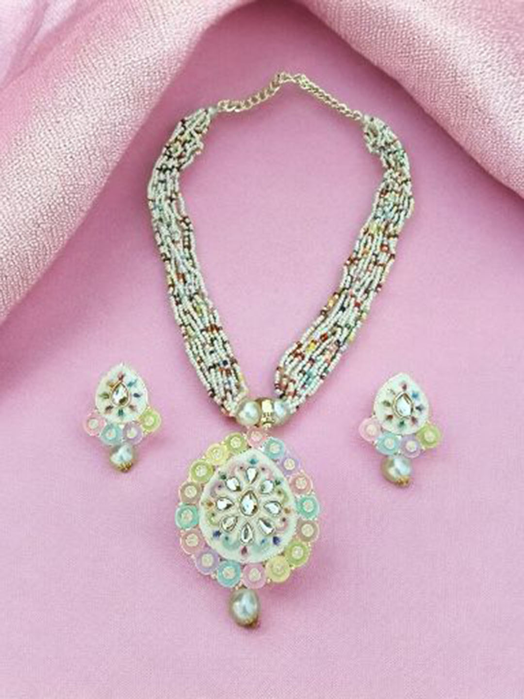 Rebekah Gold-Plated Kundan Pendant & Pearl Jewellery Set