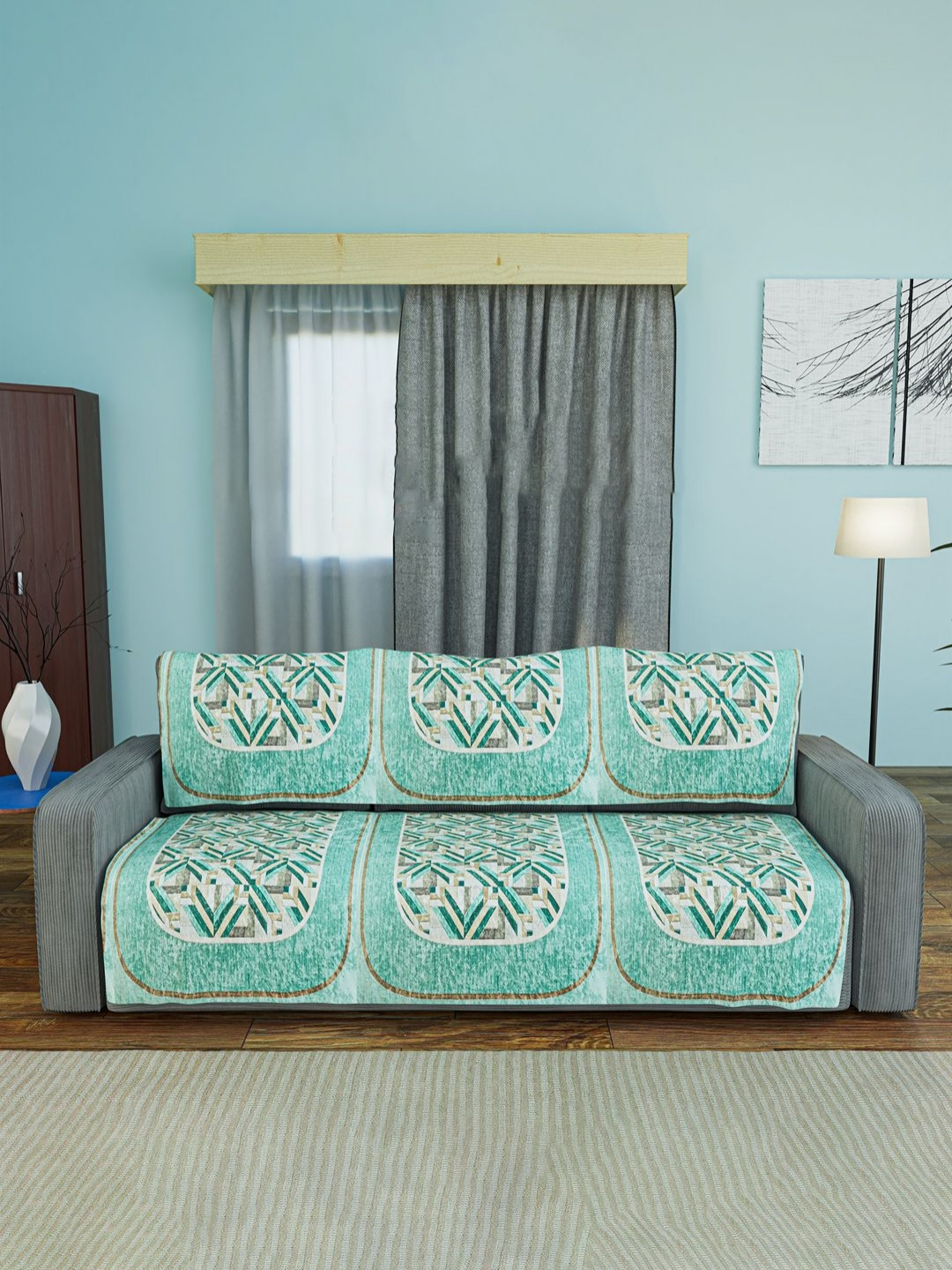 Aura Green & Beige 6 Pcs Printed Soft Velvet 3 Seater Anti-Slip Sofa Cover