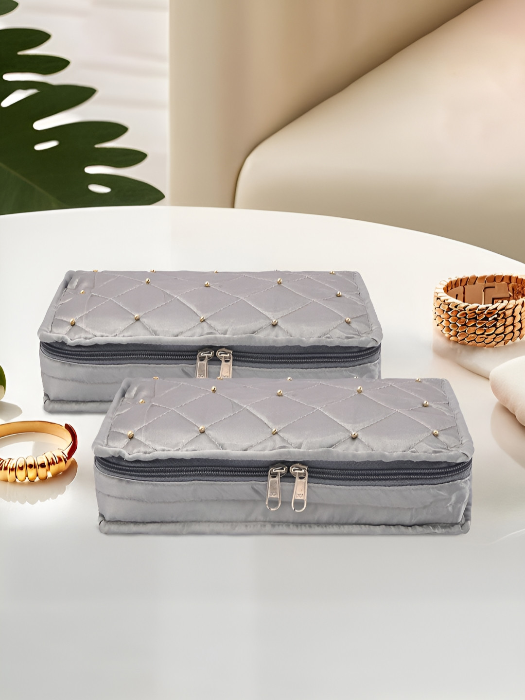 Aura Women Grey Self Design Set of 2 Regular Jewellery Organisers