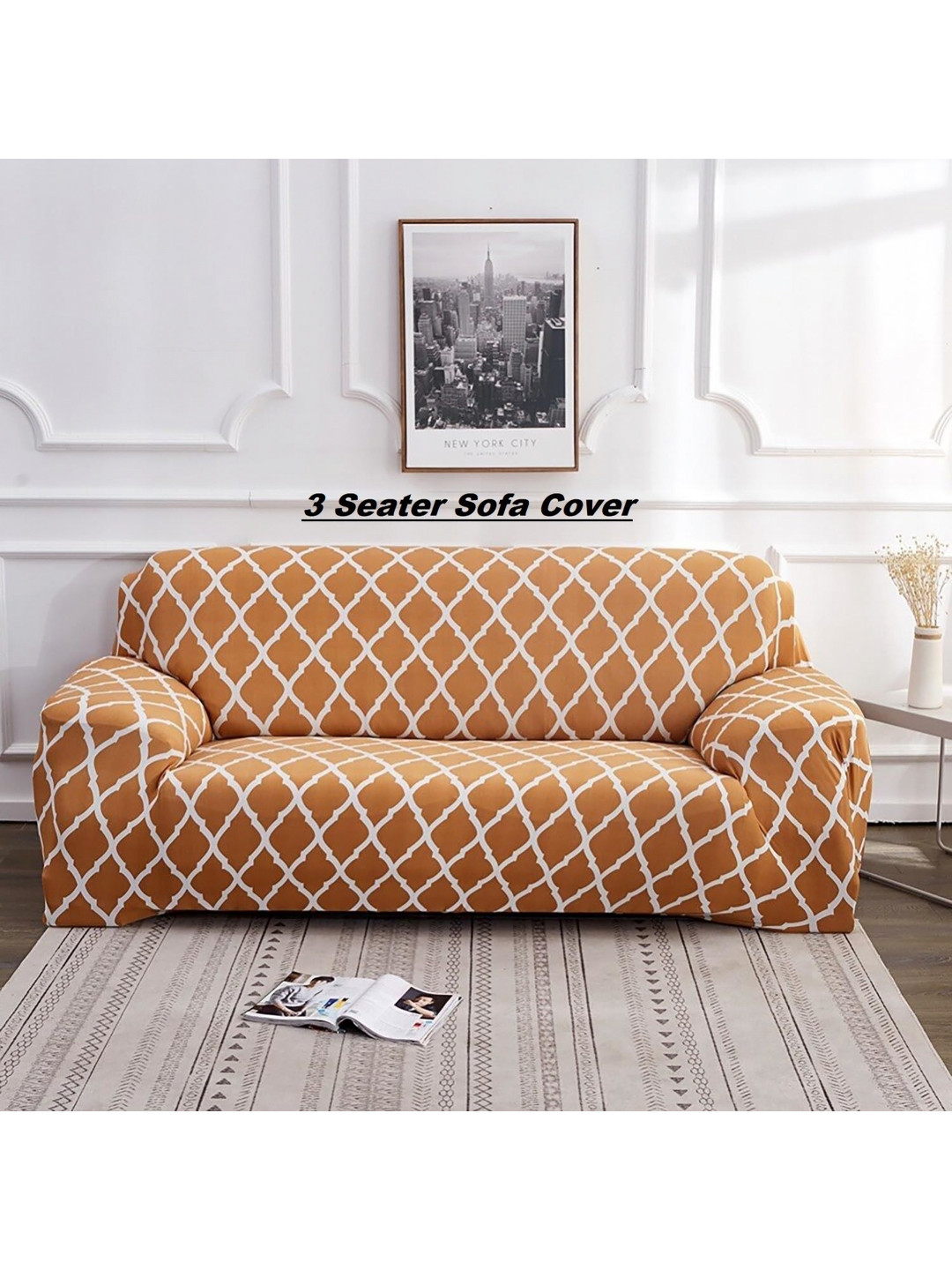 DECOR VATIKA Camel Brown Printed 3 Seater Sofa Cover With Arms