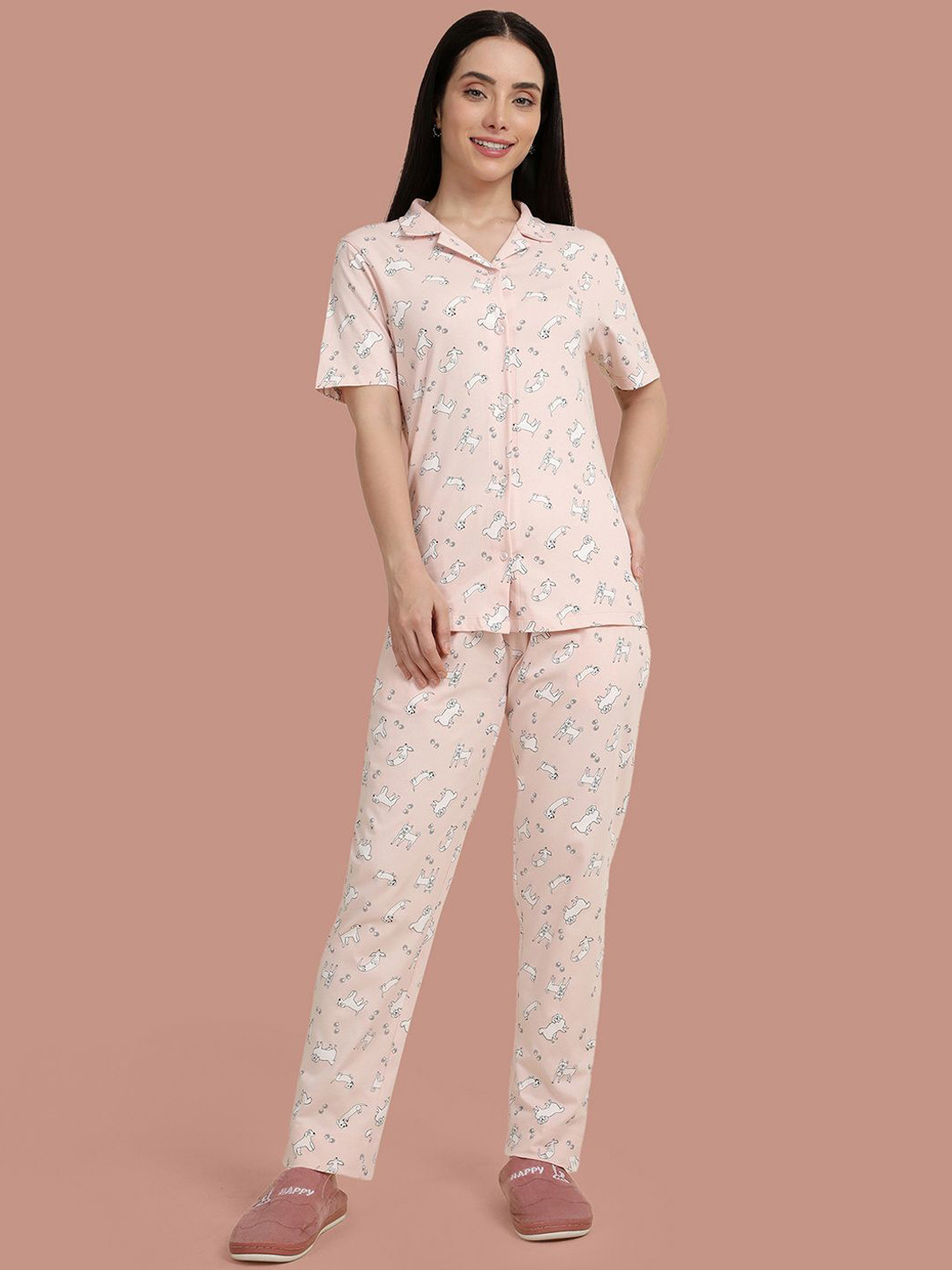 TWIN BIRDS Women Cotton Chintz Rose Collared With Pant Nightsuits
