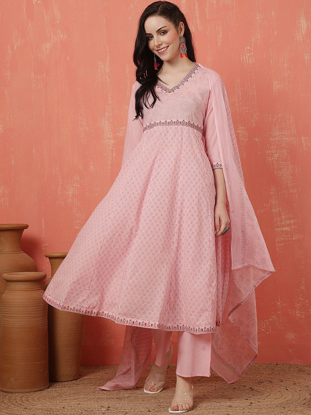 Anouk Women's PAnarkali Pure Cotton Embroidered Kurta Dupatta Set