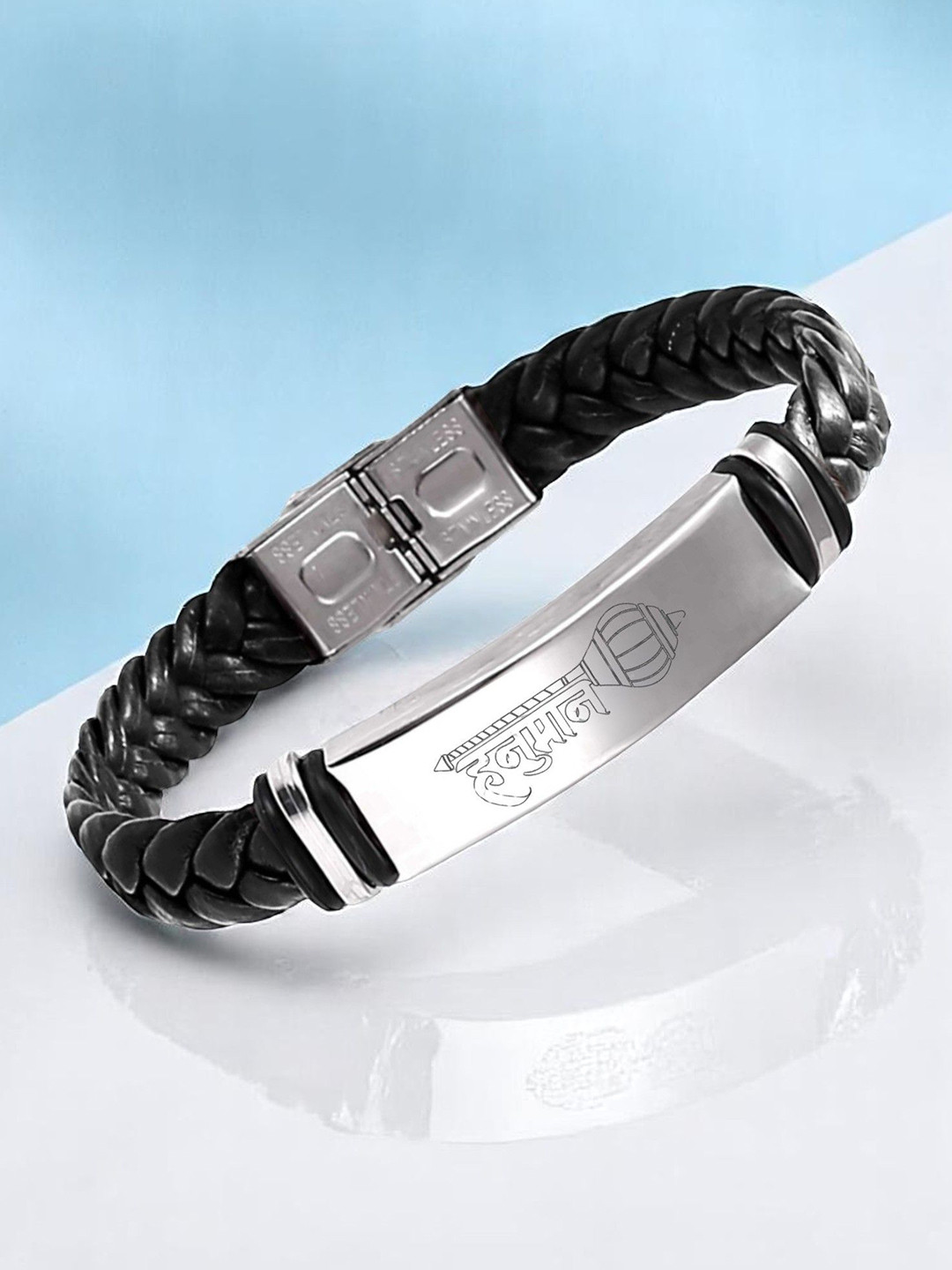 M Men Style Hanuman Printed Stainless Steel & Braided Leather Wraparound Bracelet