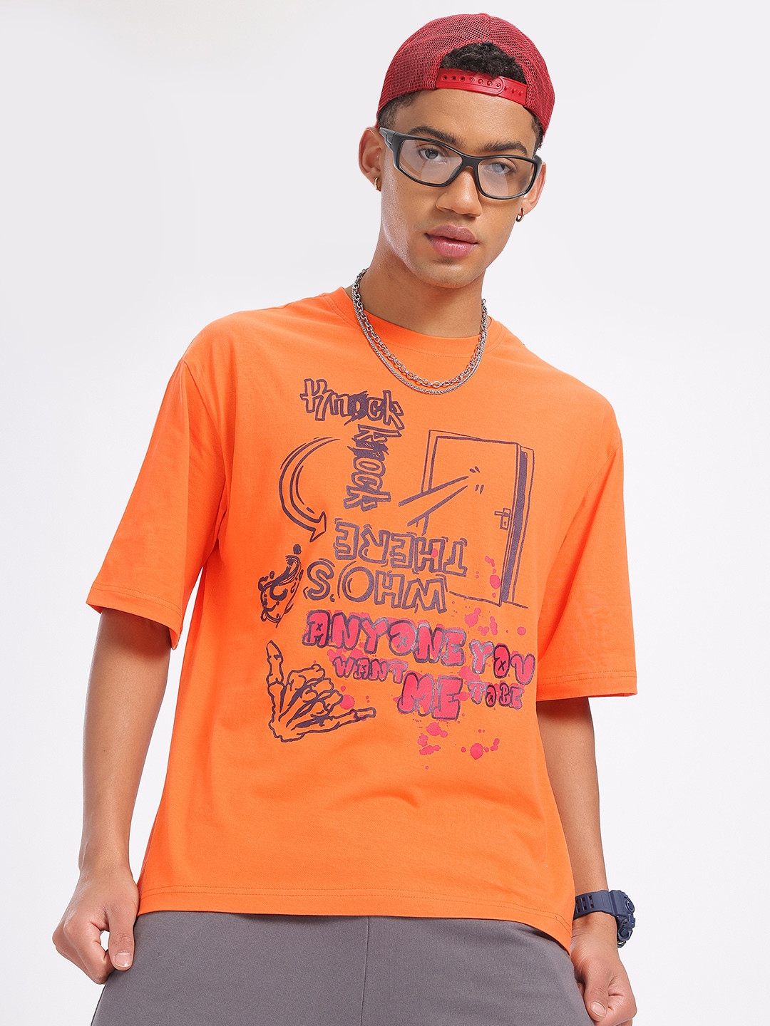 glitchez Typo Print Drop-Shoulder Sleeves Pure Cotton T-shirt