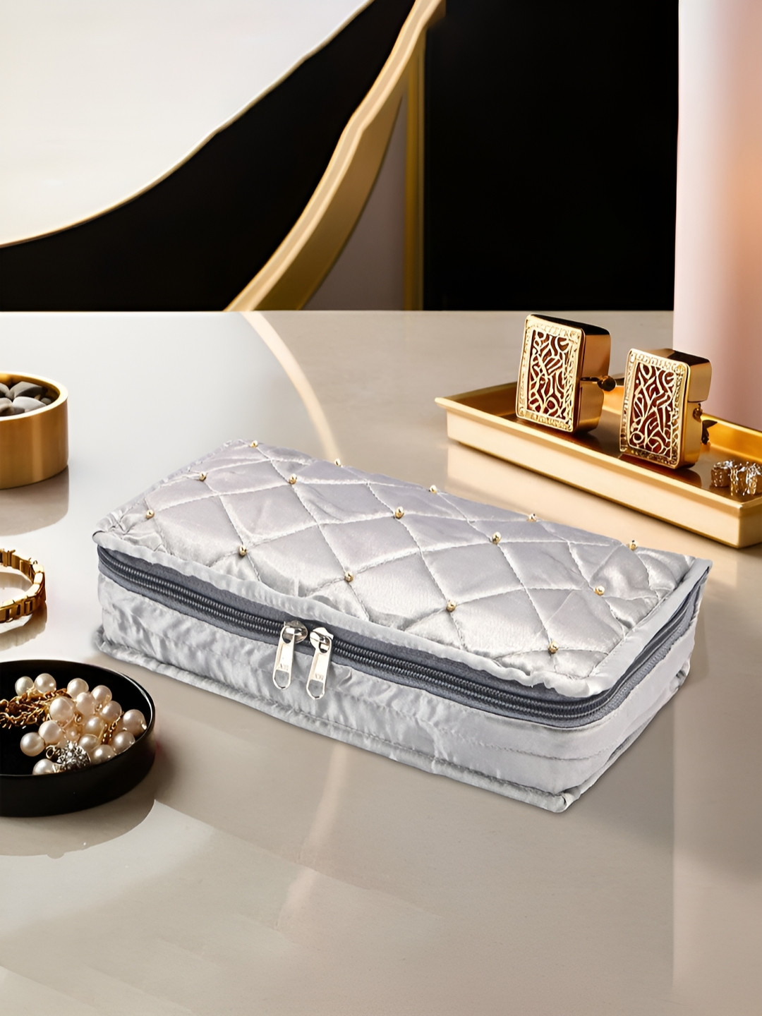 Aura Women Grey Satin Large Jewellery Kit with 6 Pouche Jewellery Organiser