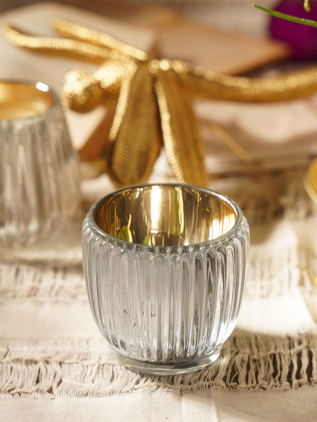 Pure Home and Living Silver-Toned Glass Candle Holder