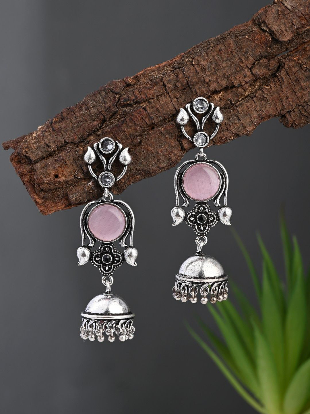 Anvik Silver Plated Artificial Stones Studded oxydised Dome Shaped Jhumkas