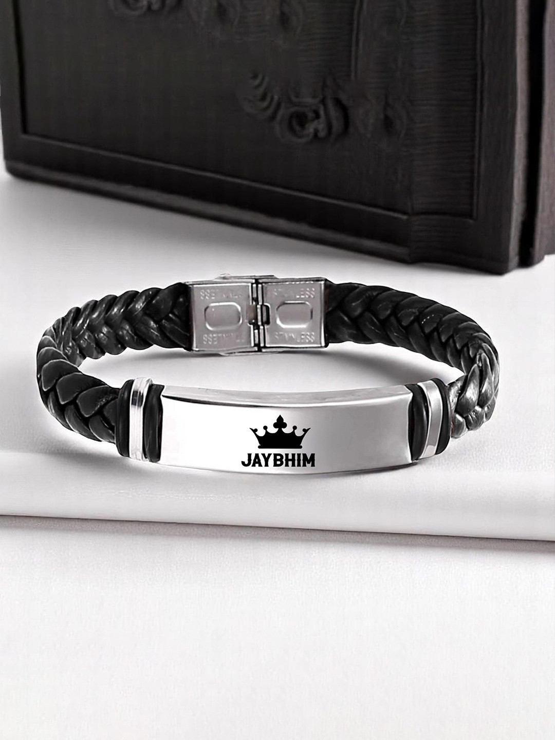 M Men Style Jay Bhim Printed Stainless Steel & Braided Leather Wraparound Bracelet