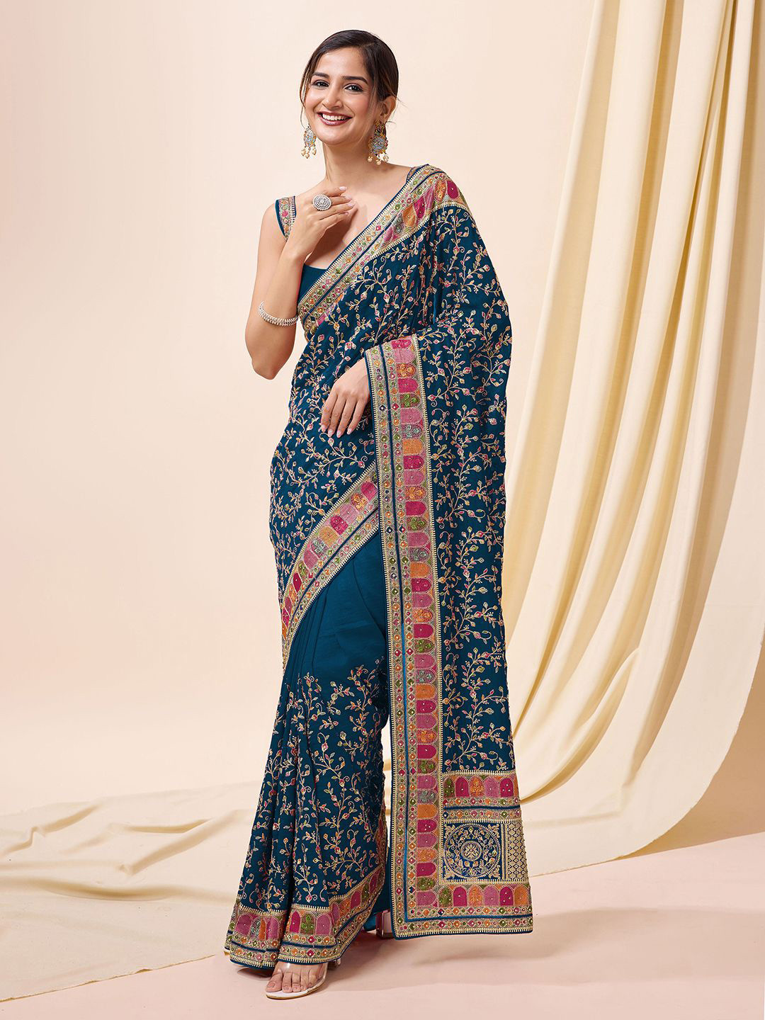 Trendmalls Vichitra Silk Embroidery Siroski Work Saree with Unstitched Blouse Piece