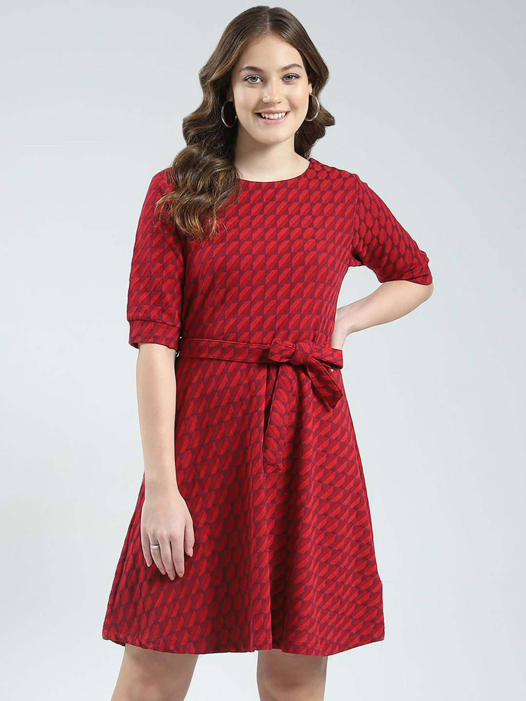 Monte Carlo Women Geometric Self Design Belted A-Line Cotton Dress