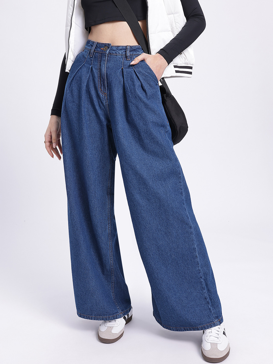 glitchez Women Flowy Silhouette Mid-Rise Pure Cotton Pallazzo Wide Leg Jeans