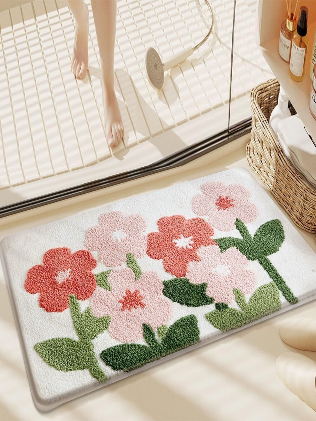 AAZEEM White & Pink Floral Printed Non-Slip Microfibre Bath Rug