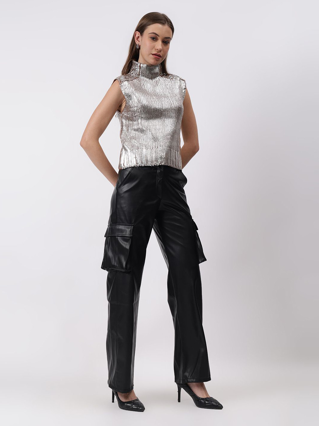 Fashion Gaiia Women Embellished Shimmer Mettalic Winter Crop Top
