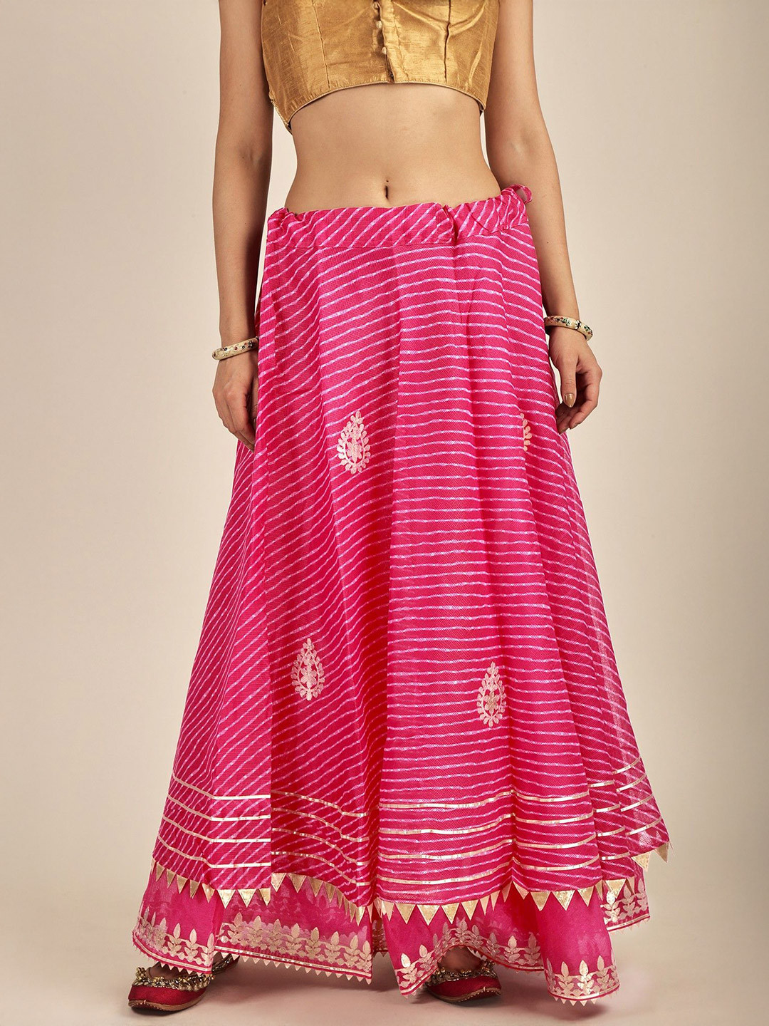 Exotic India Cotton Kota Doriya Leheriya Print Flared Maxi Skirt