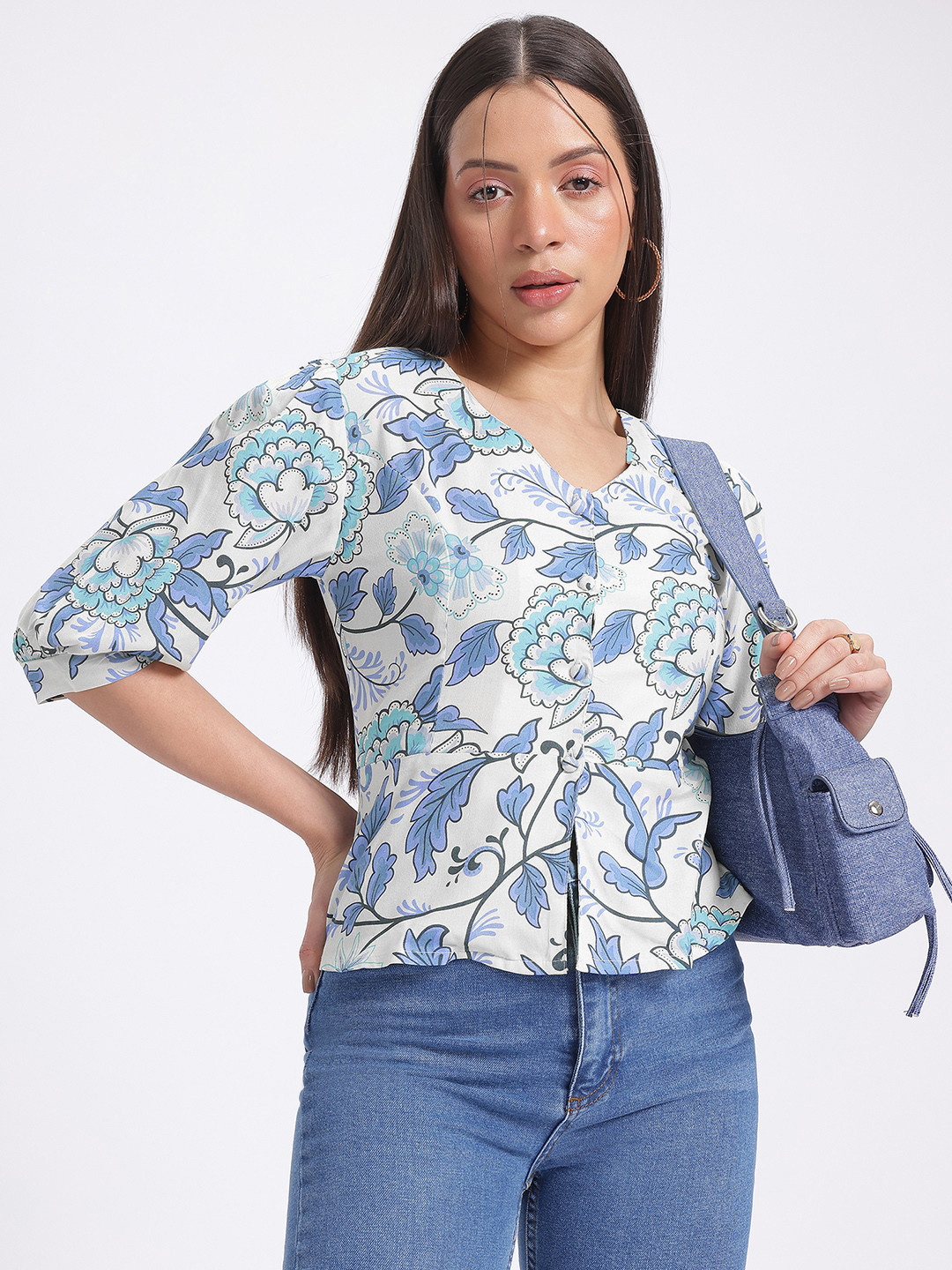 glitchez Floral Print Shirt Style CropTop