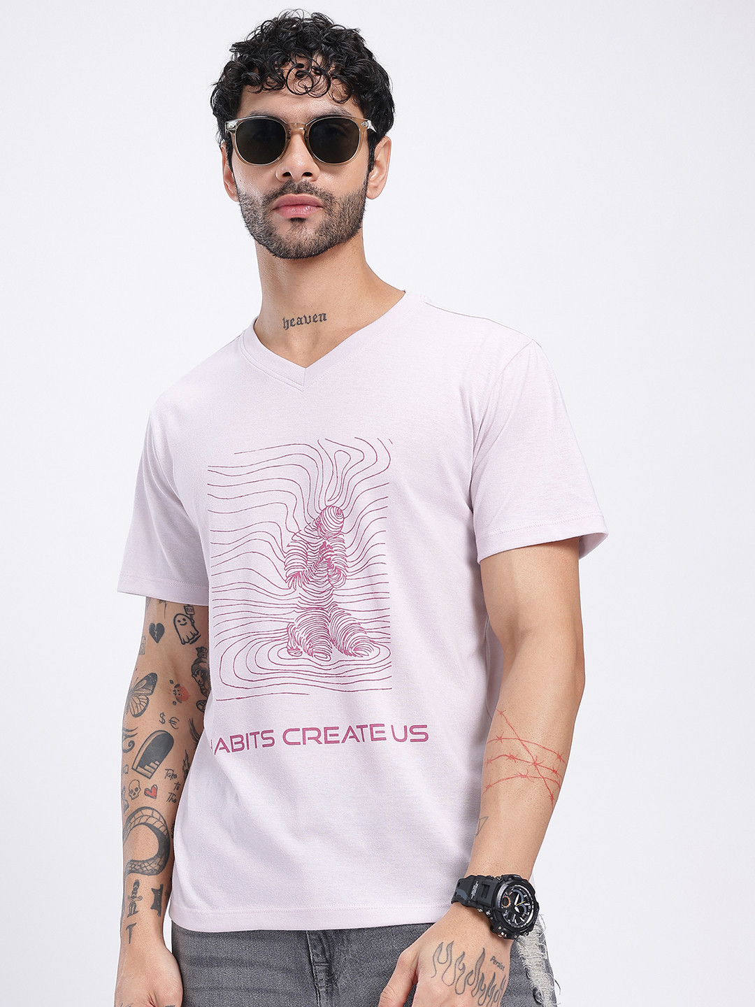 glitchez Comfort Basics Printed V-Neck Regular Fit T-shirt