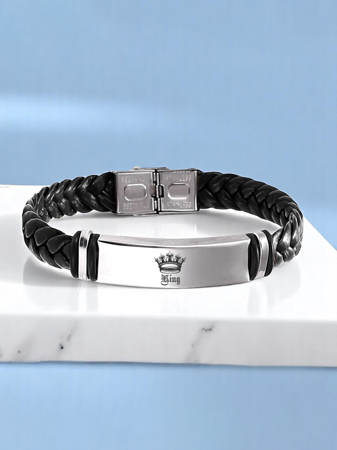 M Men Style King Printed Stainless Steel & Braided Leather Wraparound Bracelet