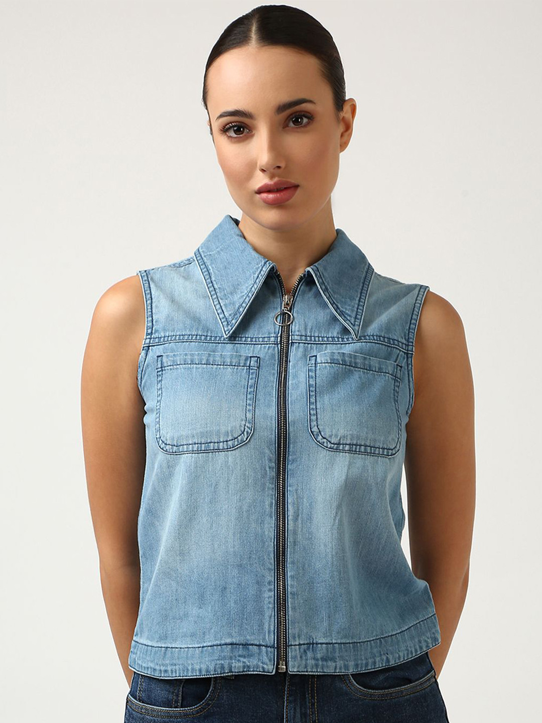 Jolene.club Denim Sleeveless Zip Front Shirt Style Top