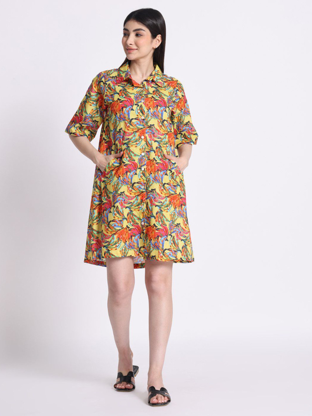 Safeera Women Floral Cotton A-Line Midi Dress