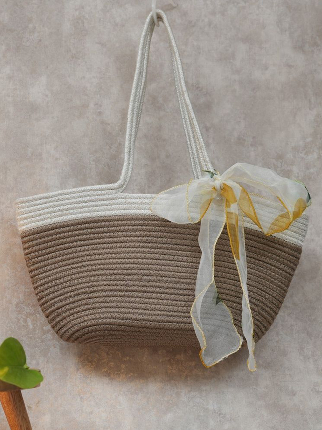 Ariya Women Beige & Cream Cotton Blend Handbag with Teddy Patch