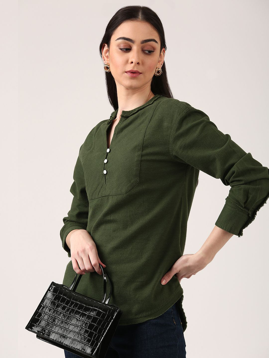 Jolene.club Women Mandarin Collar Cotton Shirt Style Top