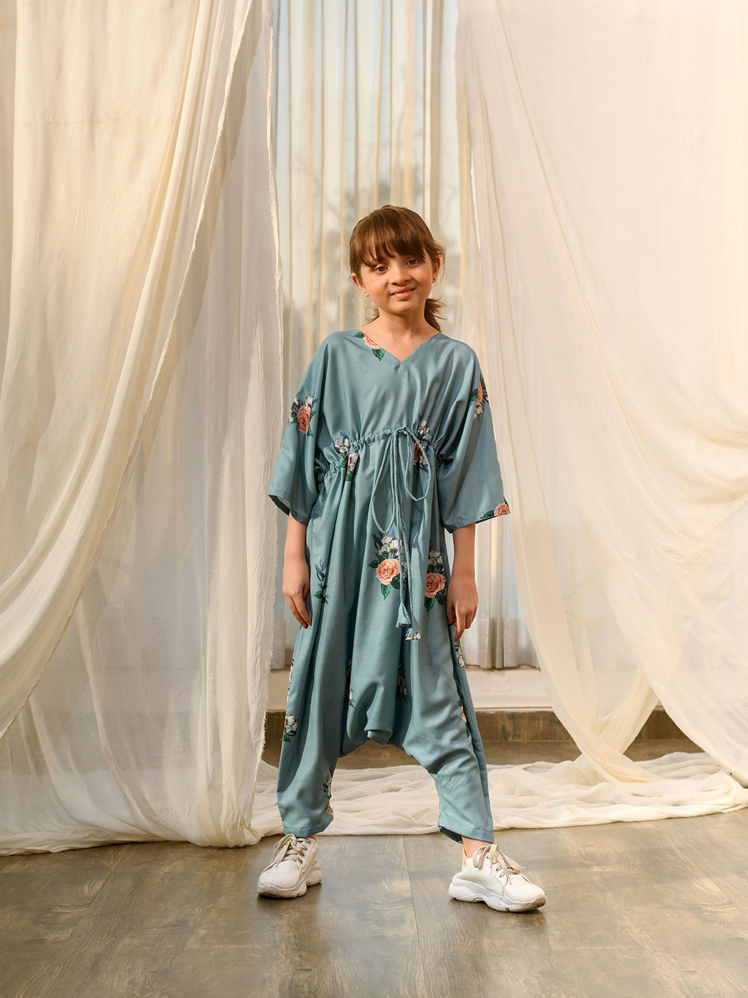 Pasha Girls Printed Dusty Teal Kimono Dhoti Jumpsuit