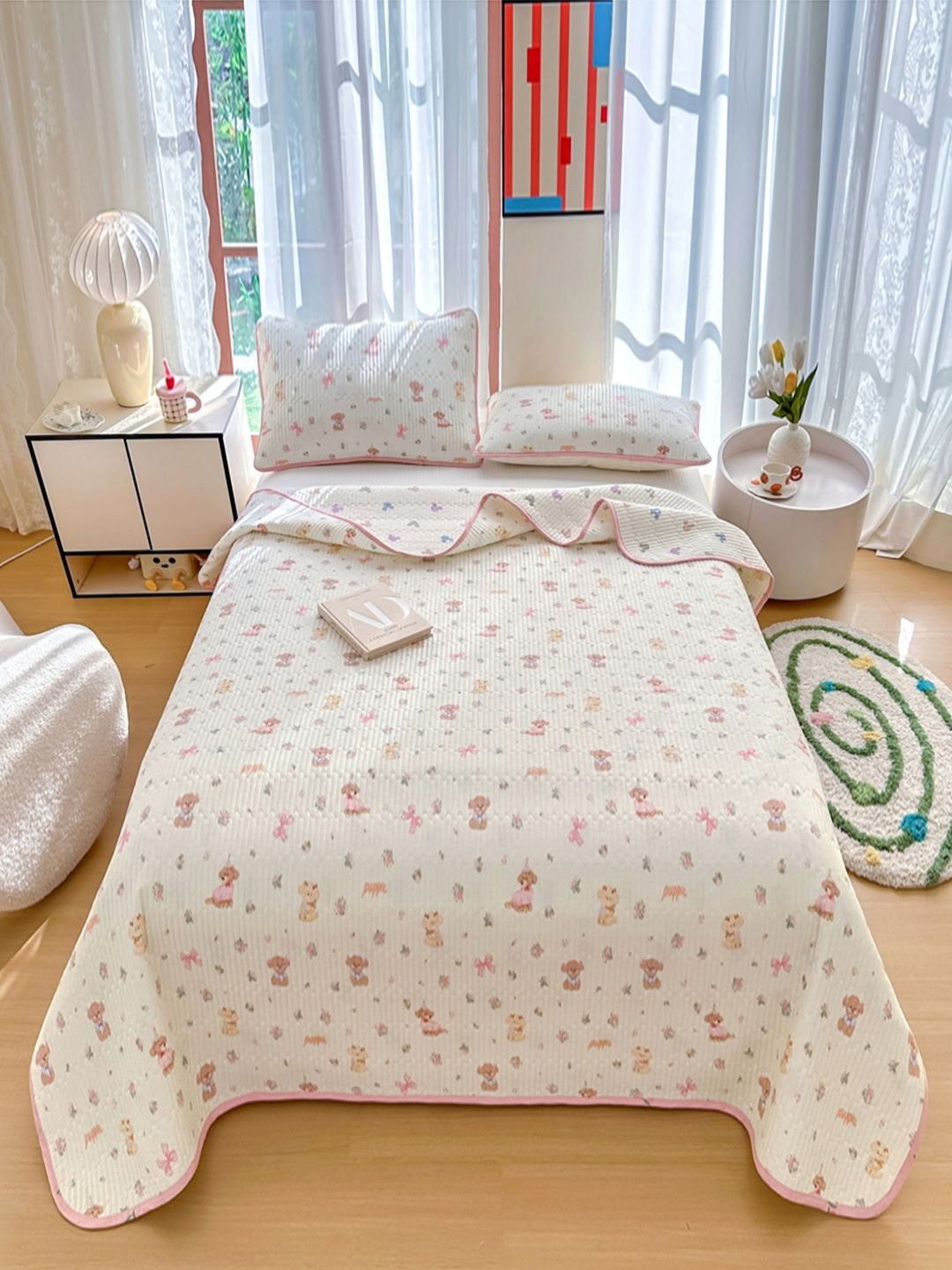 JC HOME White & Pink Floral Printed Pure Cotton Double Queen Bed Cover With Pillow Covers