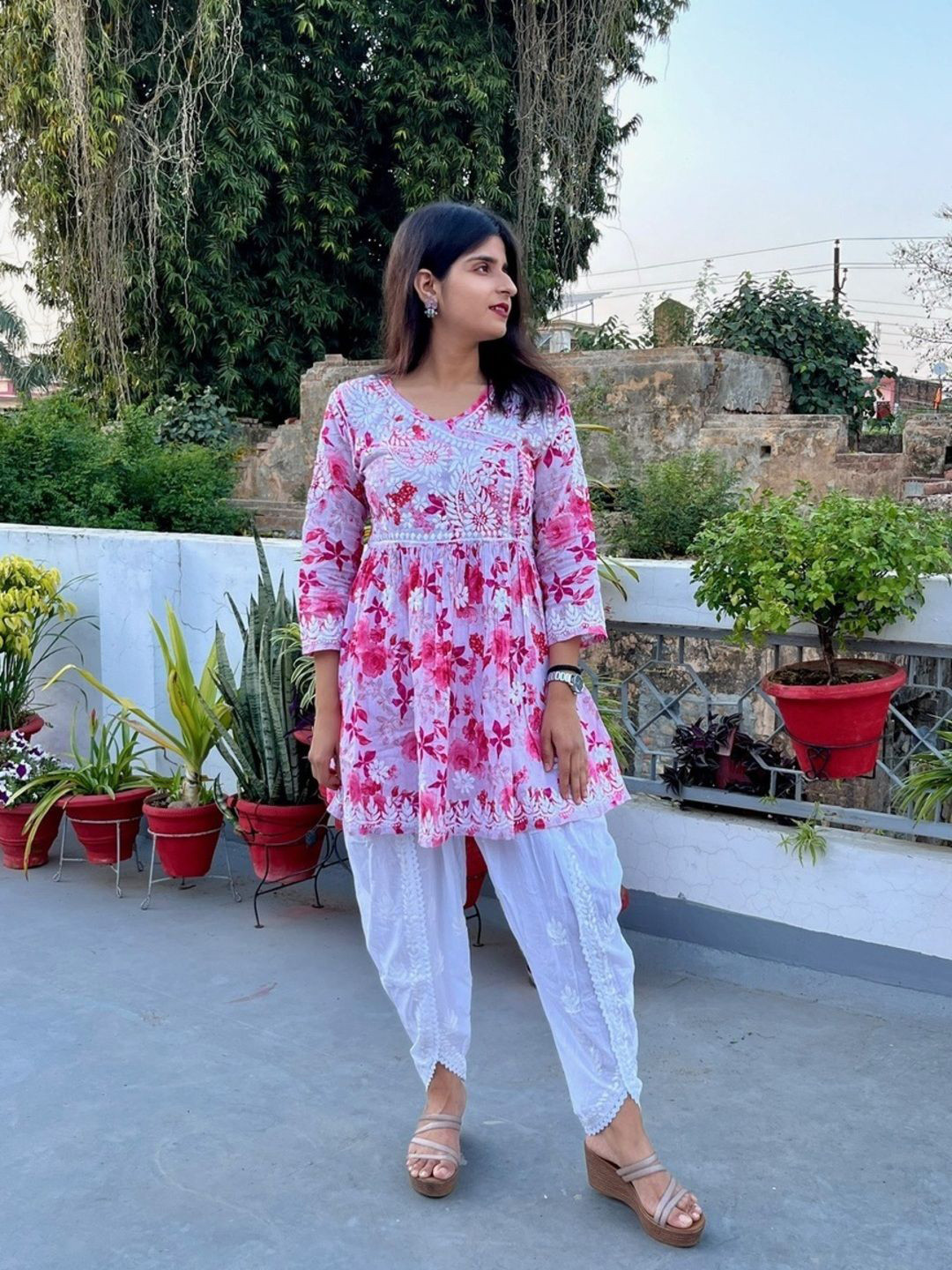 Everything In Chikankari Mulmul Chikankari Embroidered Printed A-line Kurtis