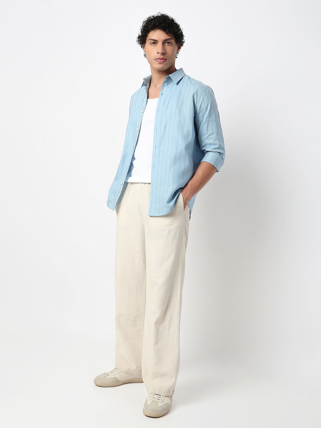 MARK & ALBERT Slim Fit Vertical Stripes Wrinkle Free Linen Causal  Shirt