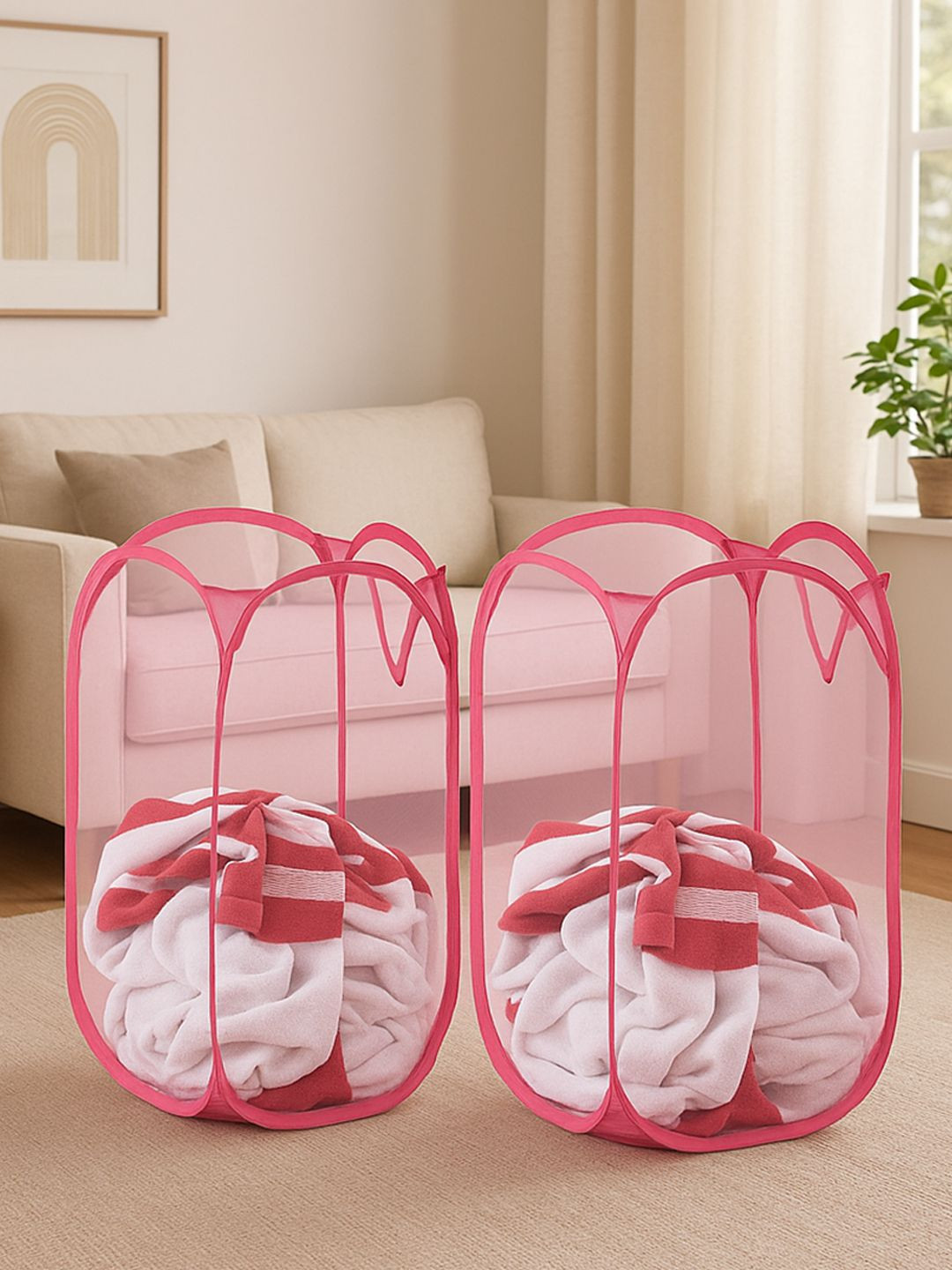 Kuber Industries 2-Pcs Pink Mesh Laundry Basket 20 L