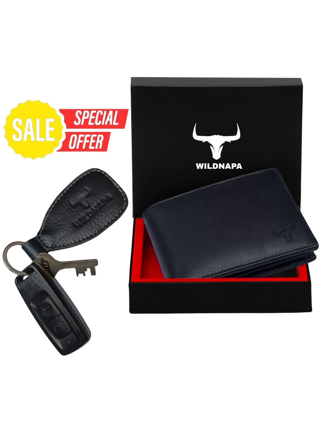 WILDNAPA Men Accessory Gift Set of Leather Wallet With Key Chain