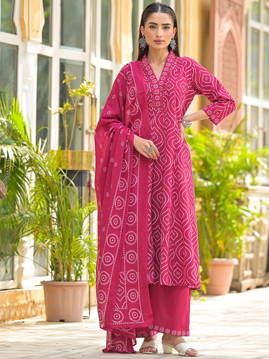 ARAVALII Bandhani Printed Mirrror Work Pure Cotton Anarkali Kurta With Trousers & Dupatta