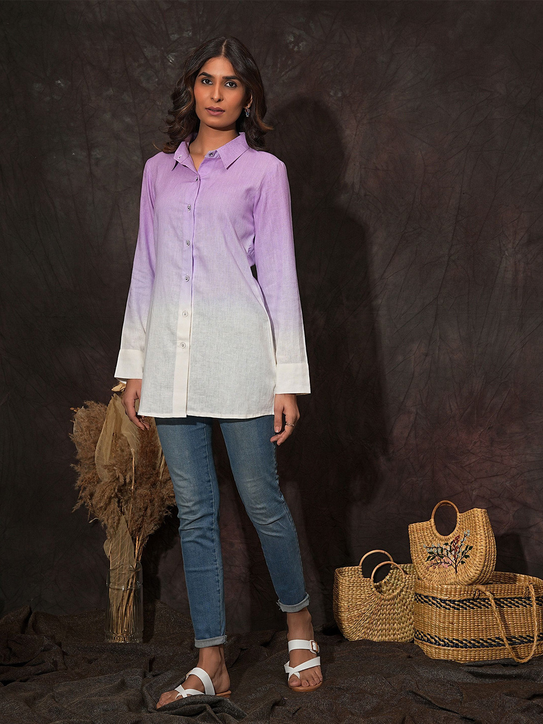 Golden Mirror Ombre Spread Collar Linen Casual Shirt