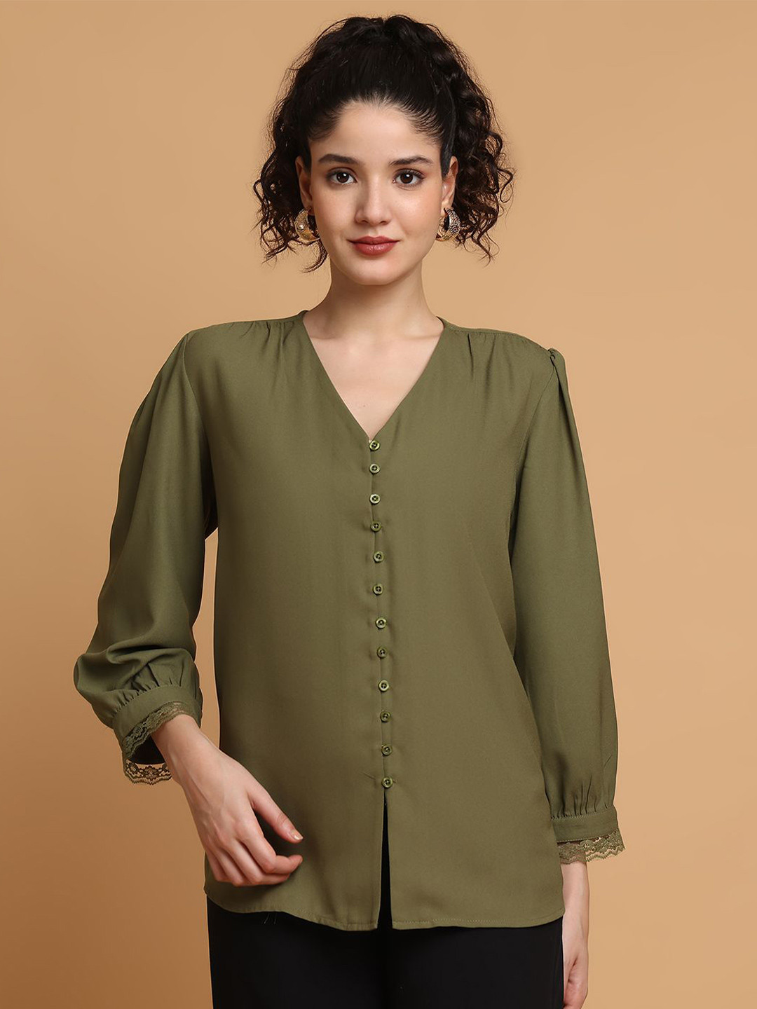 BLANC9 Women Lace Forest Green Blouson Formal Top