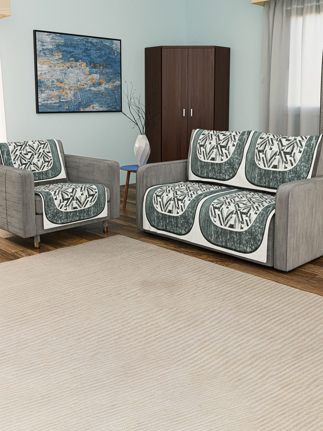 Aura Grey 6 Pcs Printed Soft Velvet 2+1 Seater Sofa Seat Cover