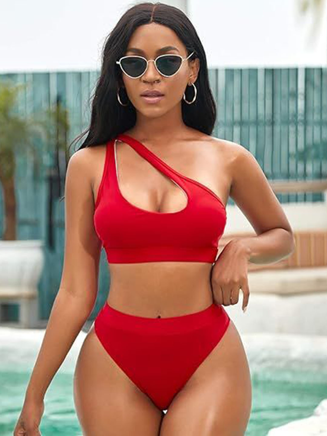 BAESD Curve Asymmetric One Shoulder Low Coverage Swim Bikini Set