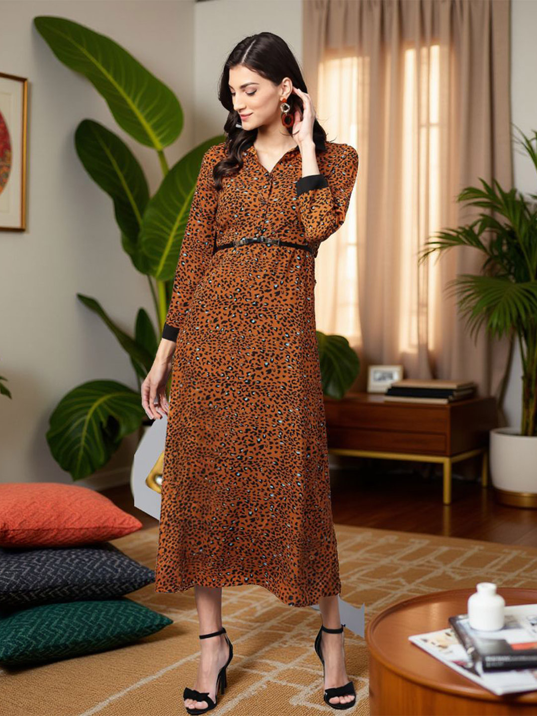 Zima Leto Women Animal Skin Print A-Line Belted Maxi Dress