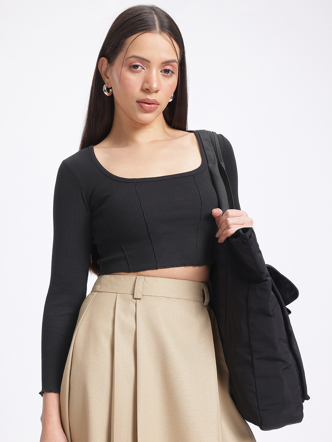 glitchez Ribbed Edge Upturn Stitch Crop Top - Black