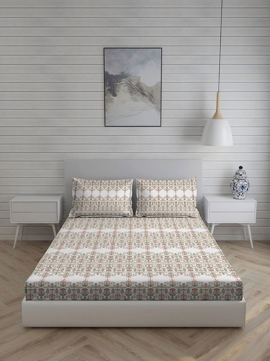 Living scapes by Pantaloons Off White Floral Cotton 210 TC Queen Fine Bedsheet with 2 Pillow Covers-108 x 88 inches