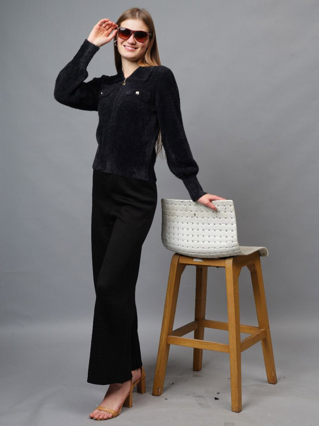 Fashion Gaiia Women Woolen Zipper Front Open Cardigan